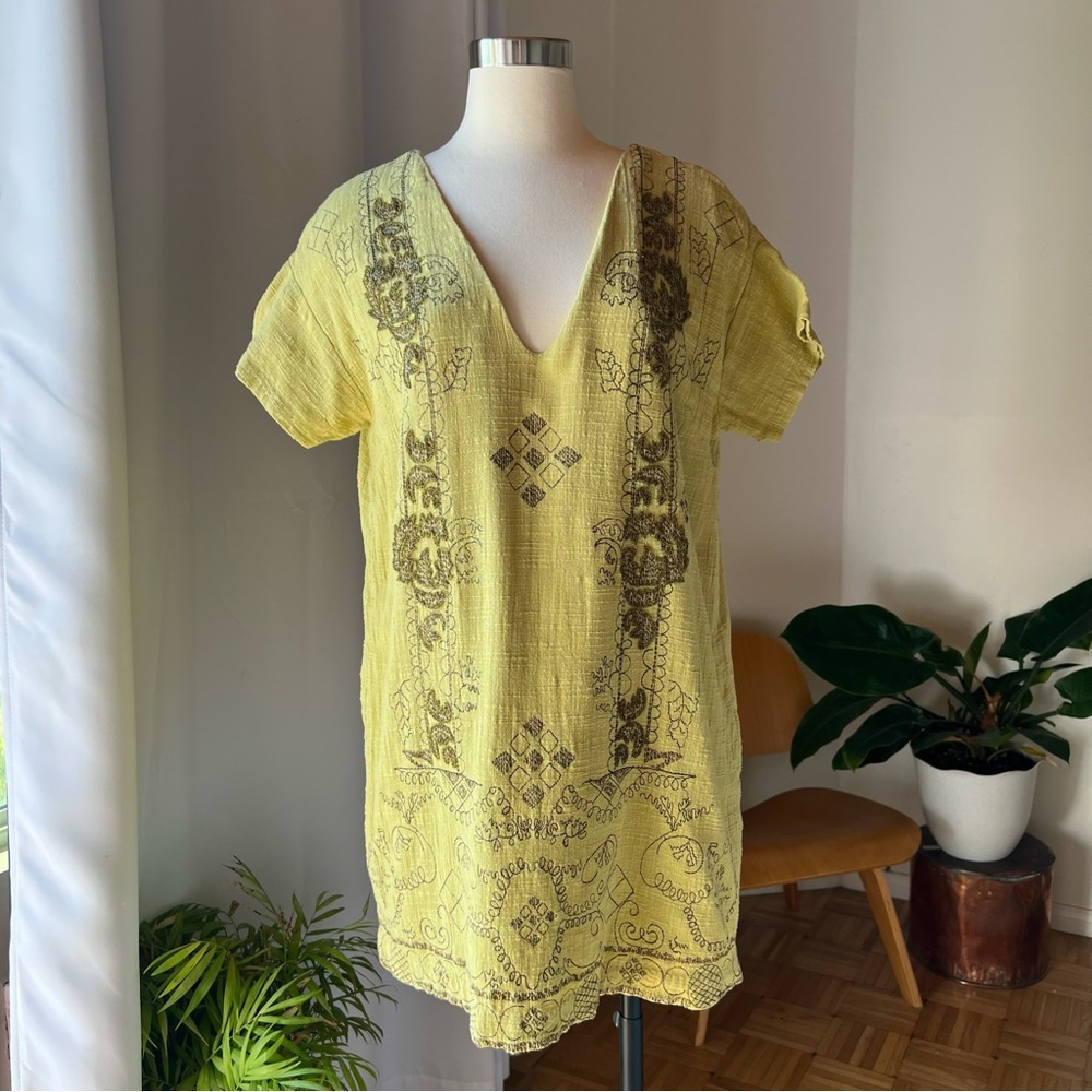 Free People  V-Neck Green Embroidered and Beaded Mini Dress